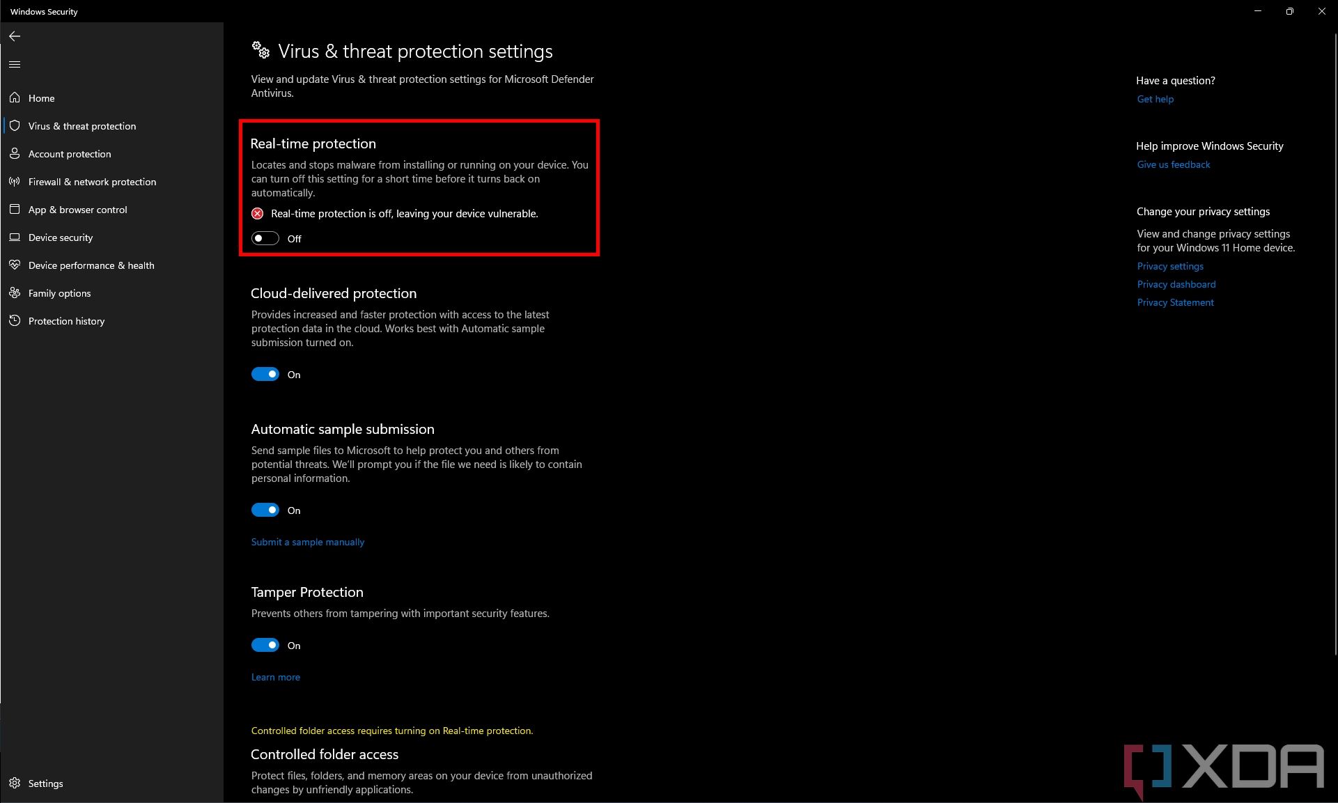 Screenshot of the Virus & threat protection settings page in Windows Security showing that real-time protection is turned off.