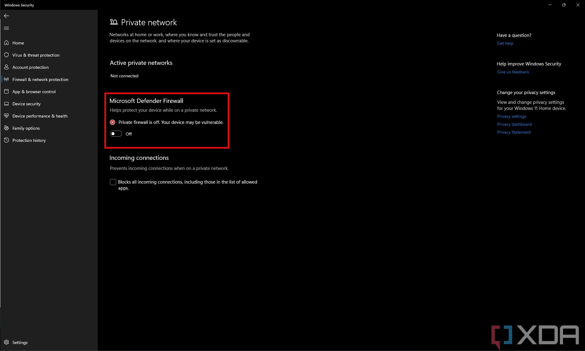Una captura de pantalla de la configuración del Firewall de Microsoft Defender para redes privadas muestra que el firewall está deshabilitado.