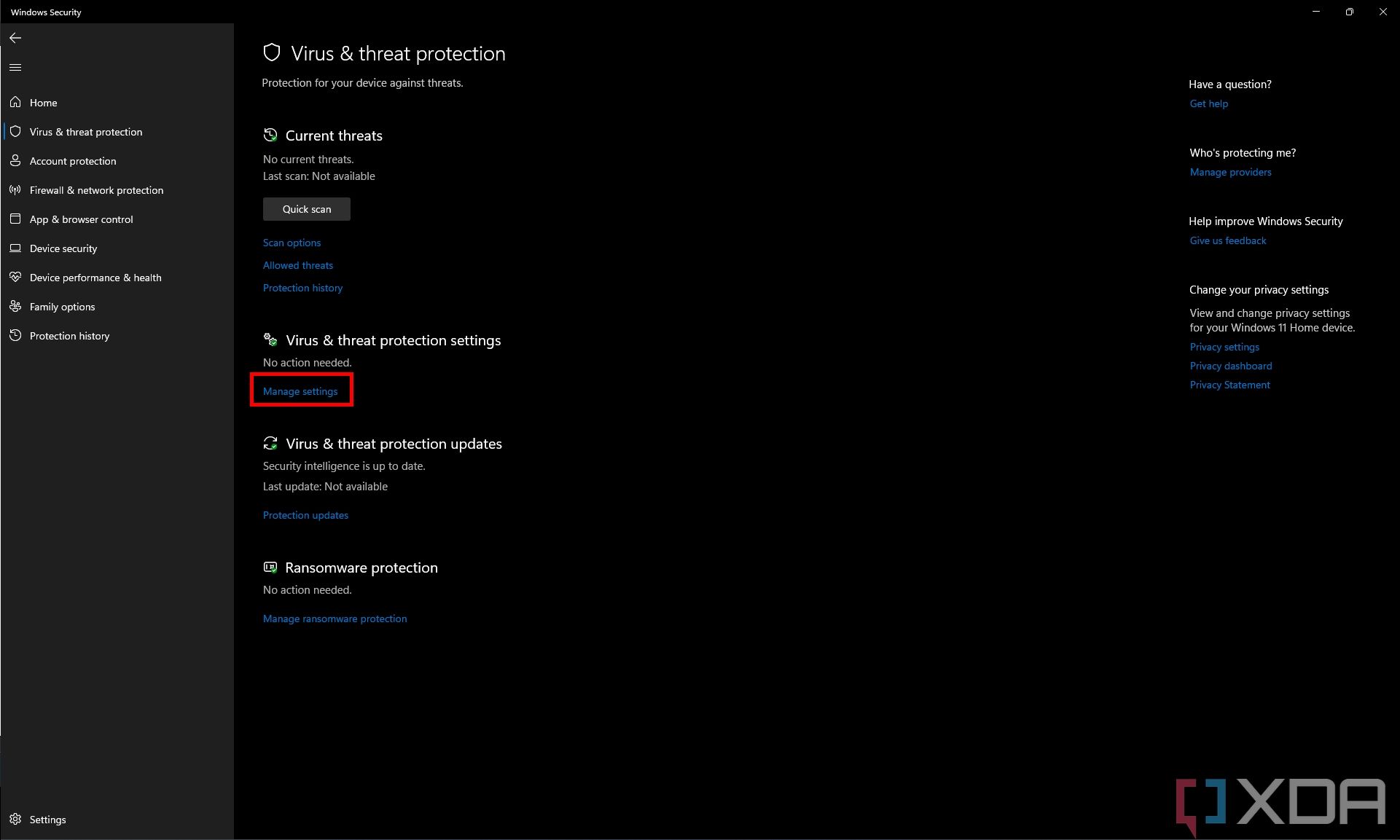 Screenshot of the Virus & threat protection section of the Windows Security app. The "manage settings" option is highlighted on the page.