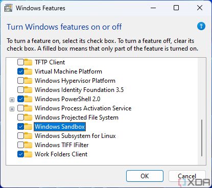 Screenshot of the optional highlight panel in Windows 11 showing Windows Sandbox enabled