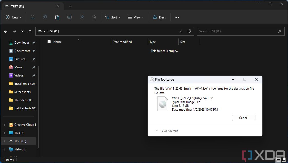 Screenshot of Windows 11 File Explorer showing an error message when trying to copy a 5GB file to a USB drive.  The error states that the file is too large for the destination file system.
