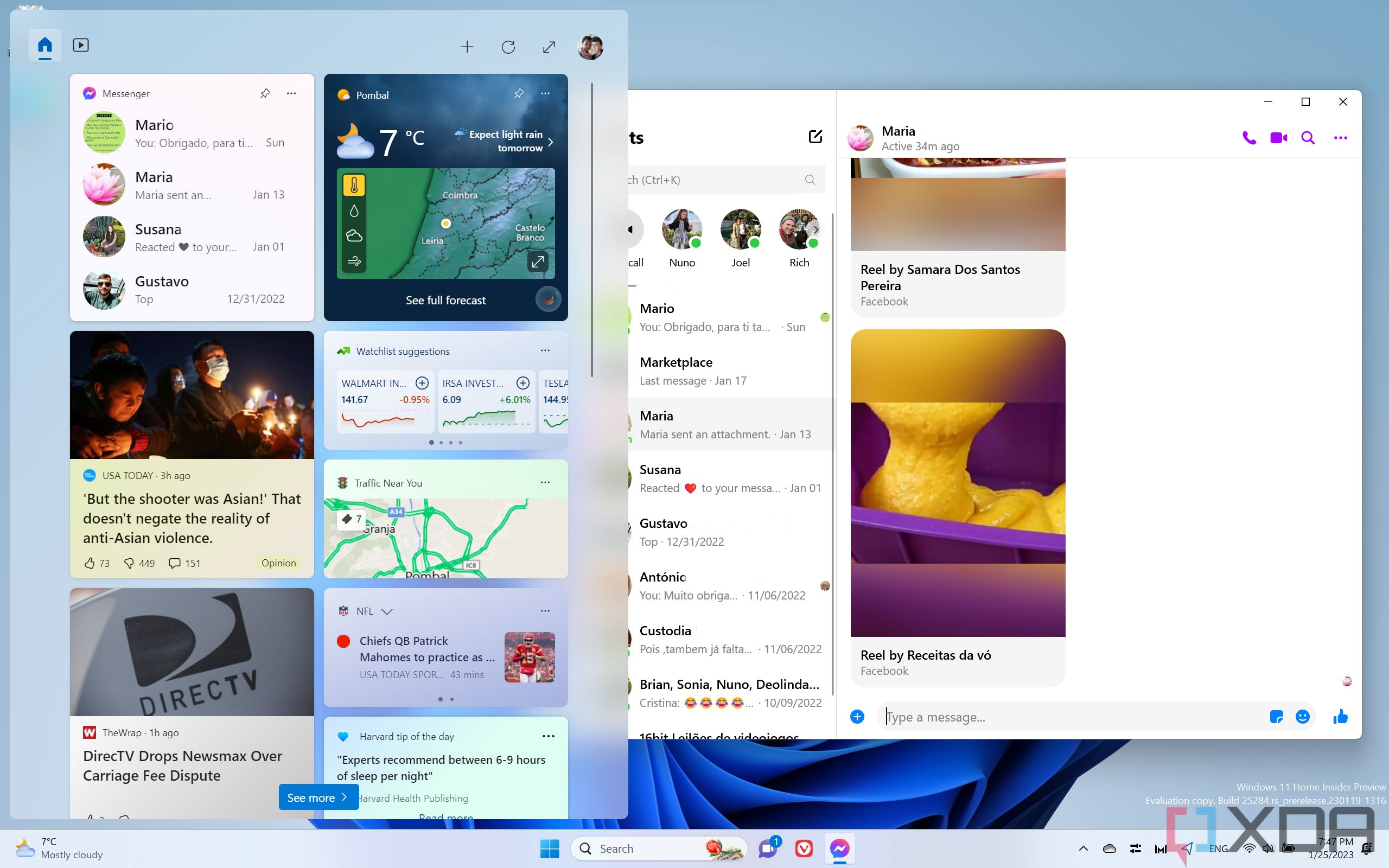 Screenshot of a Windows 11 desktop with the Messenger app open and the Widgets board showing the corresponding widget