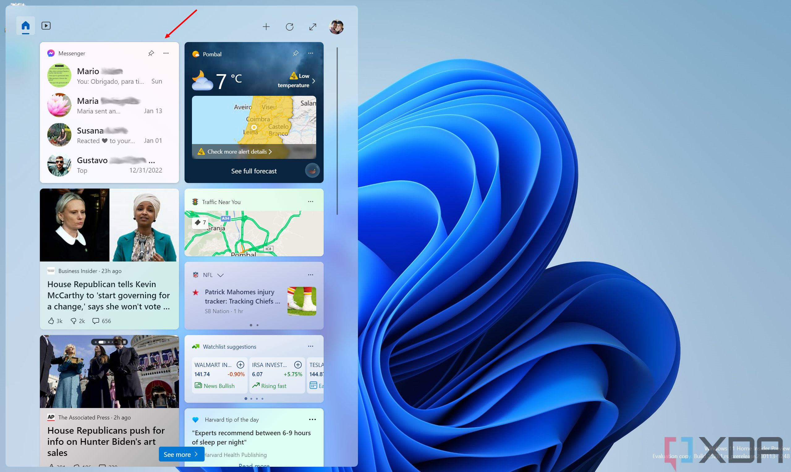 Screenshot of the Widgets panel on Windows 11 with the Messenger widget added