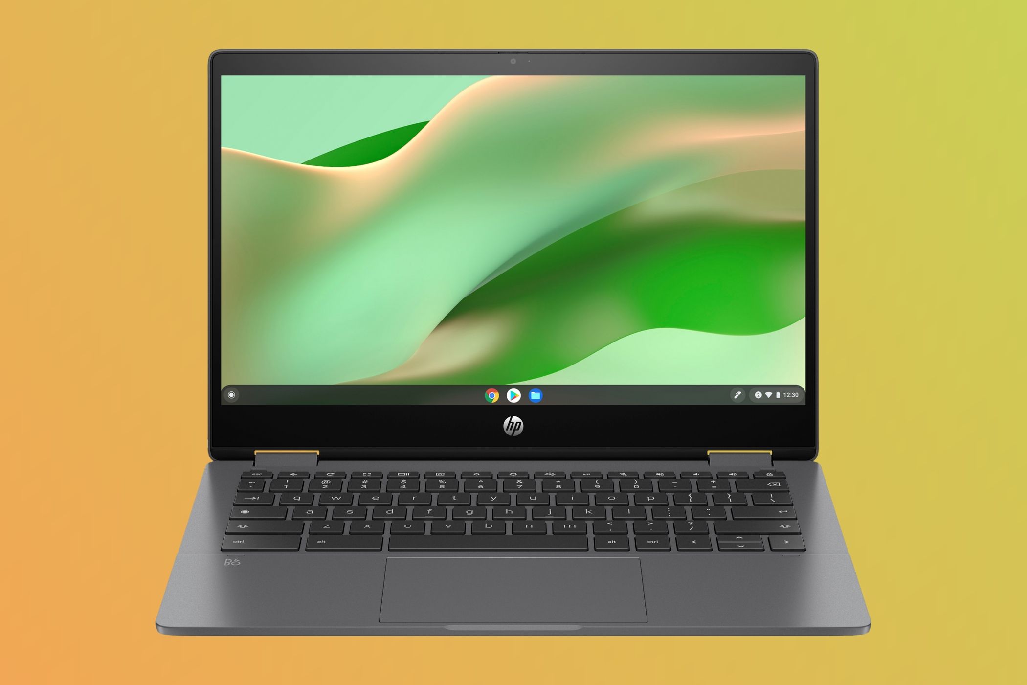 Vista frontal de la HP Chromebook x360 13 sobre un fondo degradado verde y naranja