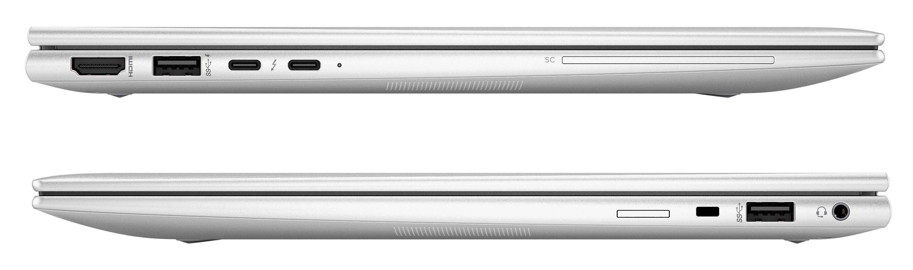 Linke und rechte Seitenansicht des HP Elite x360 1040 G10 mit Darstellung der Anschlüsse am Laptop.