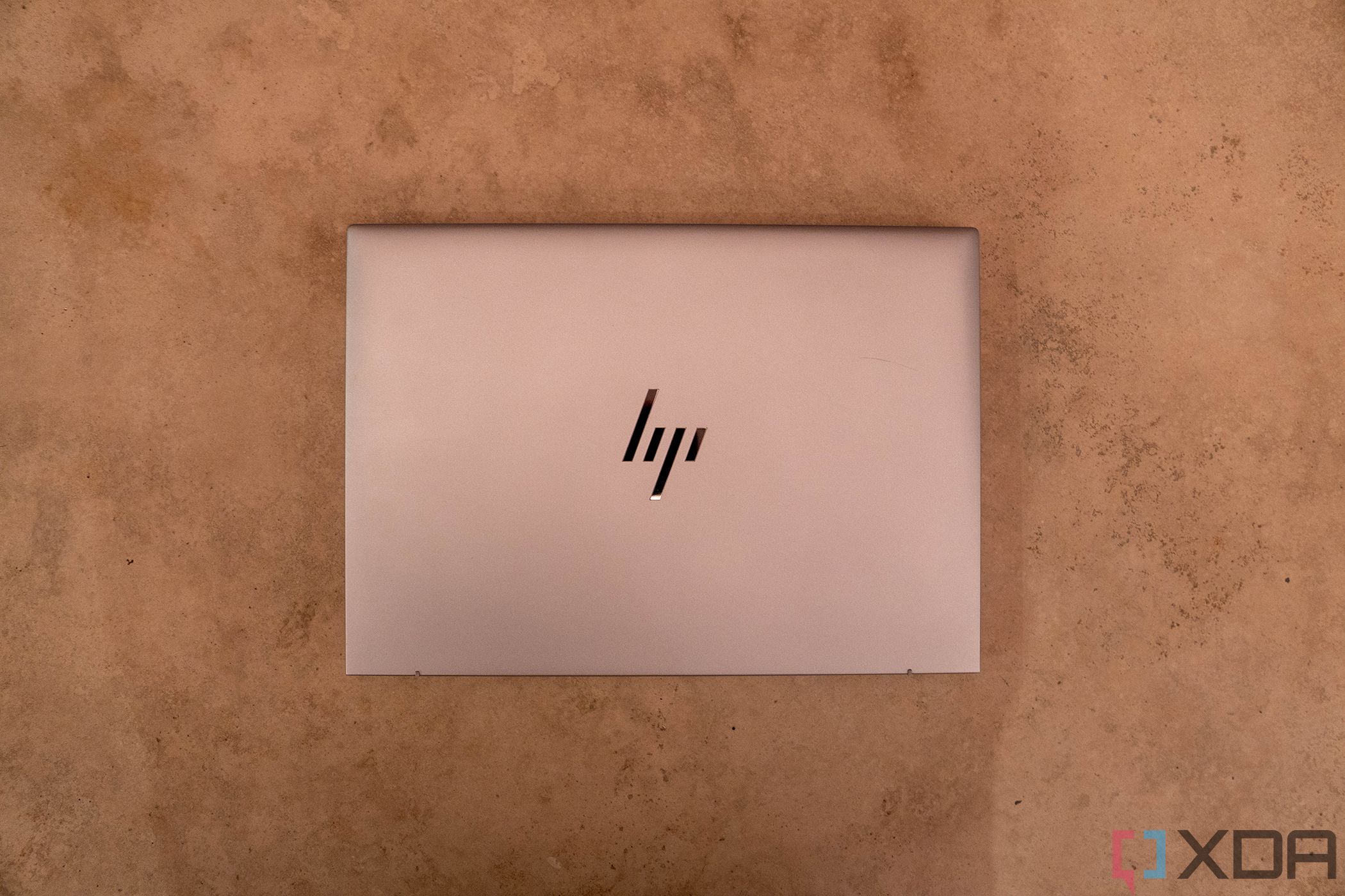 Top down view of silver HP laptop