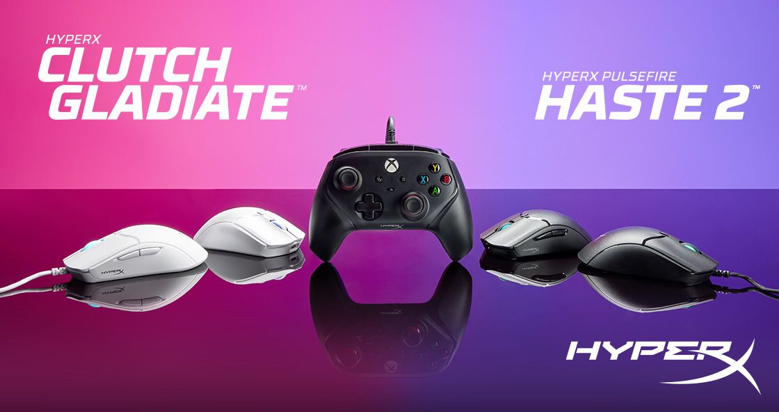 A HyperX Clutch Gladiate controller flanked by the HyperX Pulsefire Haste 2 gaming mouse.  On the left are two white models of the mouse, one wired and one wireless, while on the right are two black ones.
