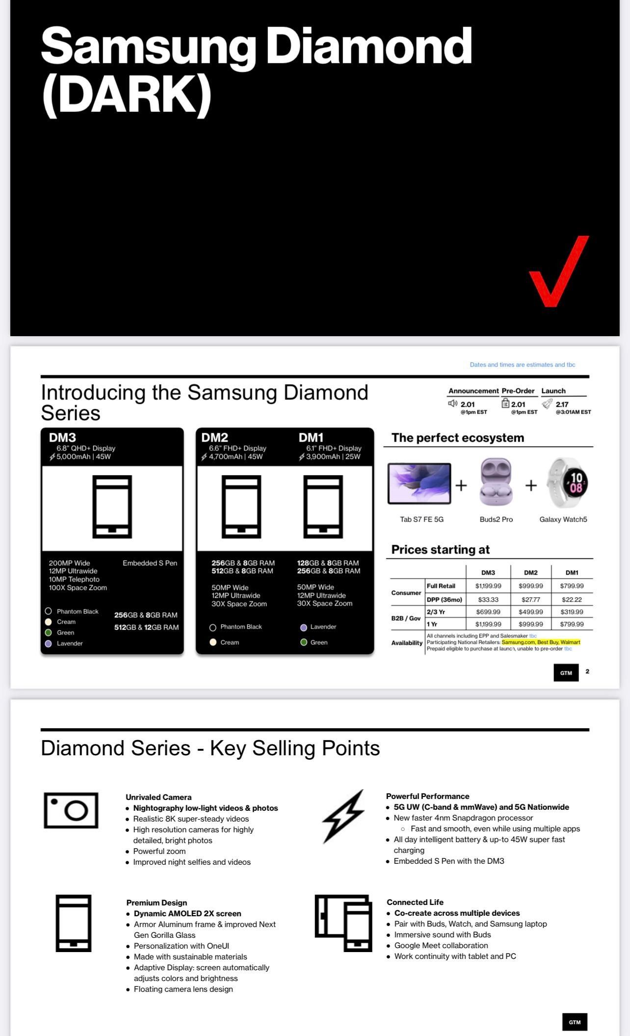 Leaked Verizon document revealing Galaxy S23 seires specs and pricing.