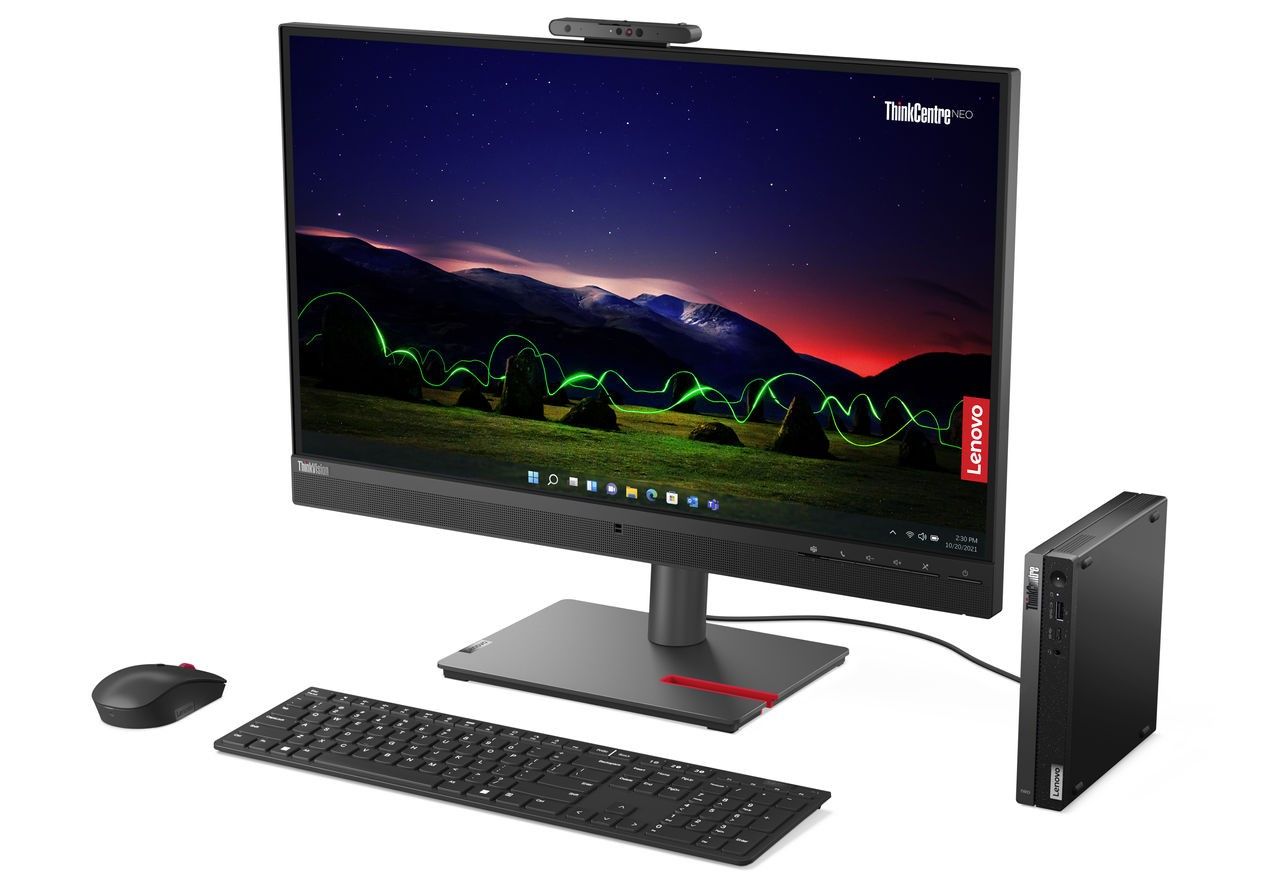 Angled view of the Lenovo ThinkBentre neo 50q Gen 4 desktop PC connected to a monitor, mouse, and keyboard.