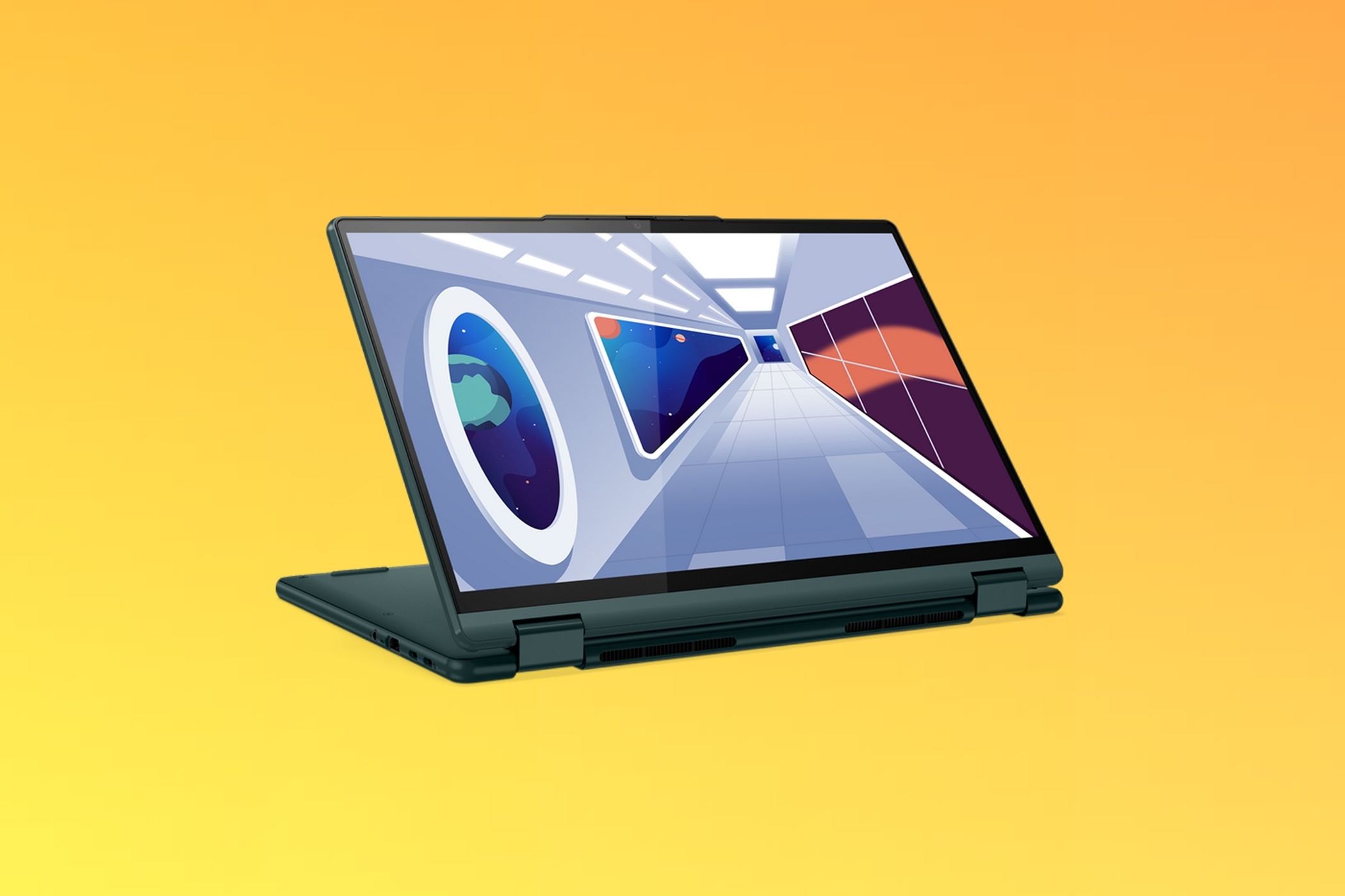 Angled front view of the Lenovo Yoga 6 in stand mode and facing slightly right. The laptop is laid over a yellow and orange gradient background.