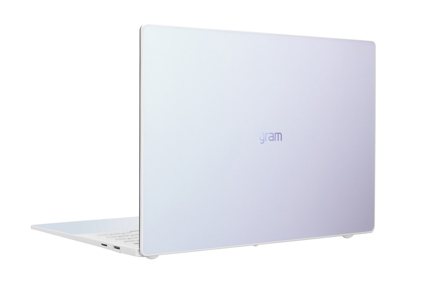 Angled rear view of the LG gram Style laptop in white facing left. The lis is shown with a slight colorful sheen, appearing purple toward the bottom right corner due to the way light reflects off of it.