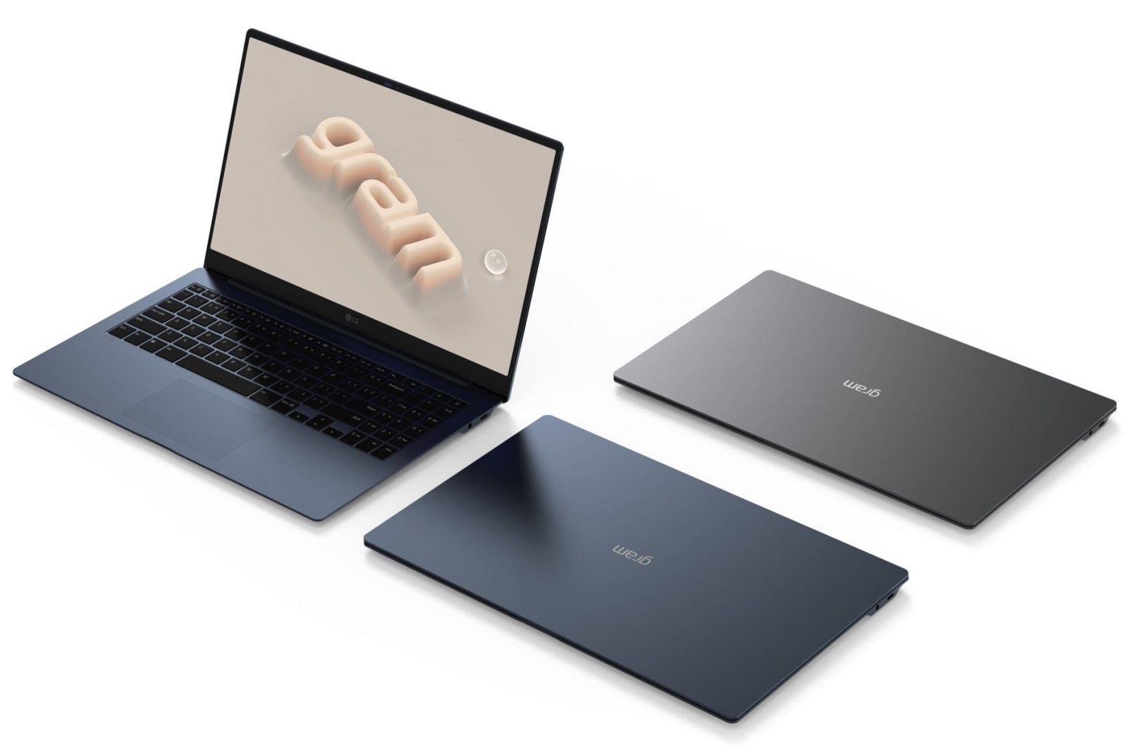 Three LG gram Ultraslim laptops on a white background. Two of the laptops have the lid closed and different colors, one being dark blue and the other being dark grey. The third laptop is also blue but has the lid open at 100 degrees.
