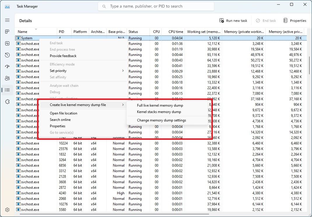 Screenshot of Task Manager with the option to create live kernel memory dumps