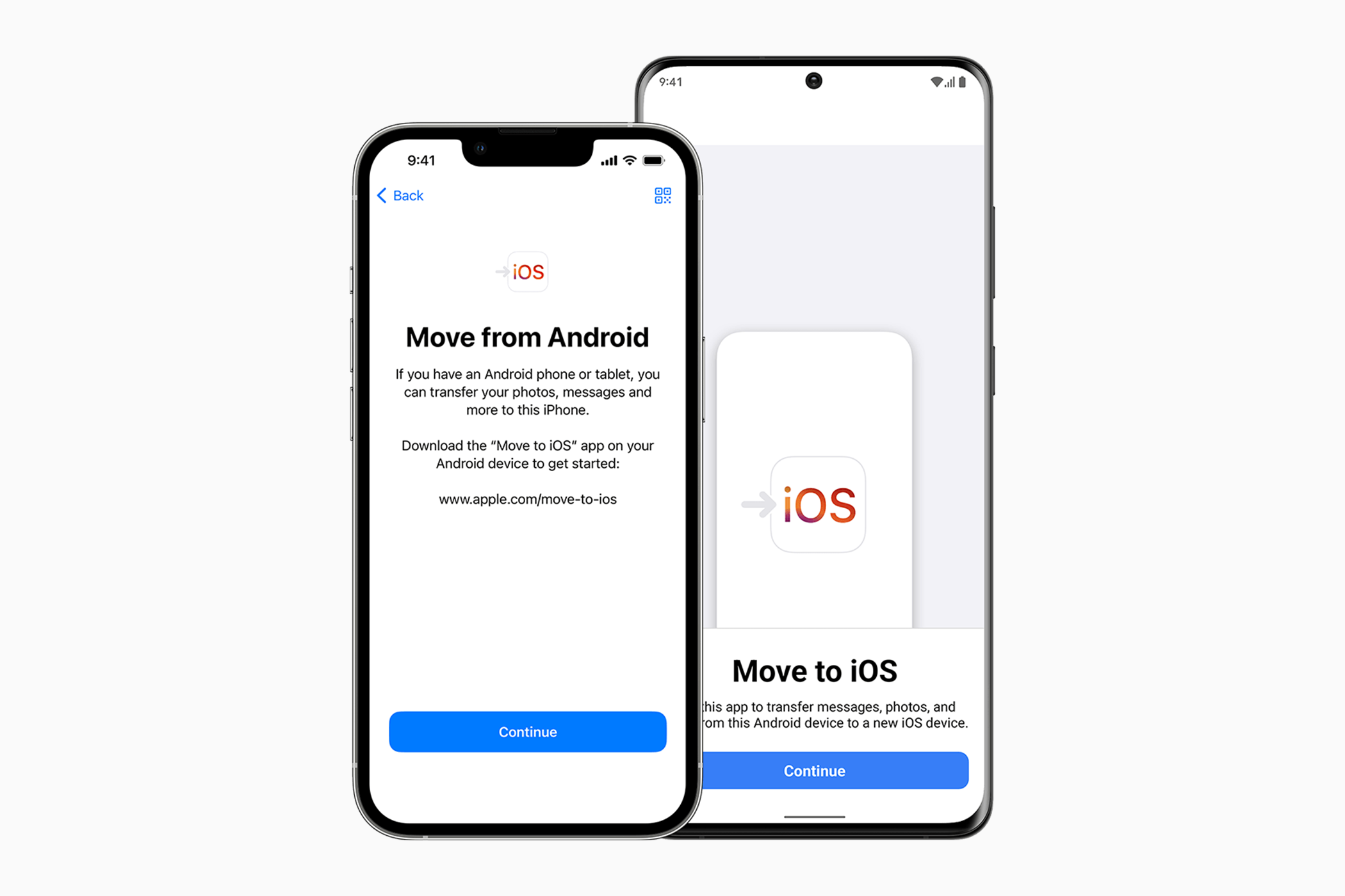Screenshots of the Move to iOS app on an iPhone and an Android phone.