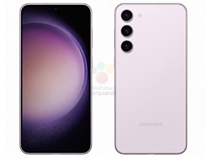 Official marketing image of a Mystic Lilac Galaxy S23 on white background.