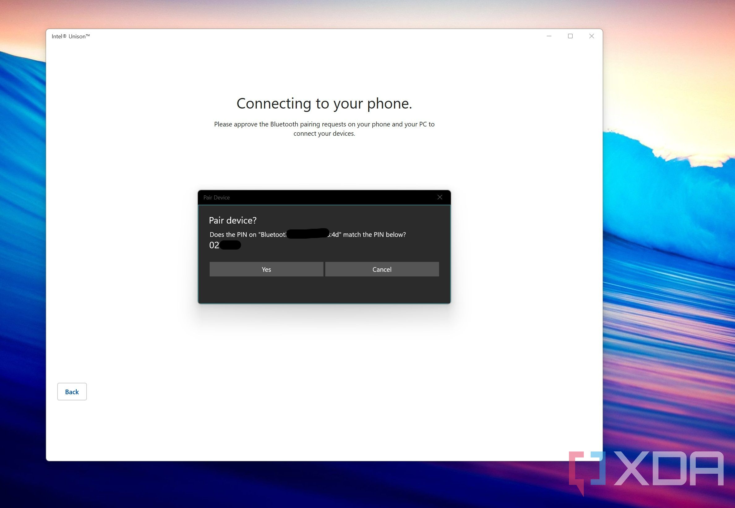 A window that allows you to pair your iPhone to Intel Unison in Windows 11.