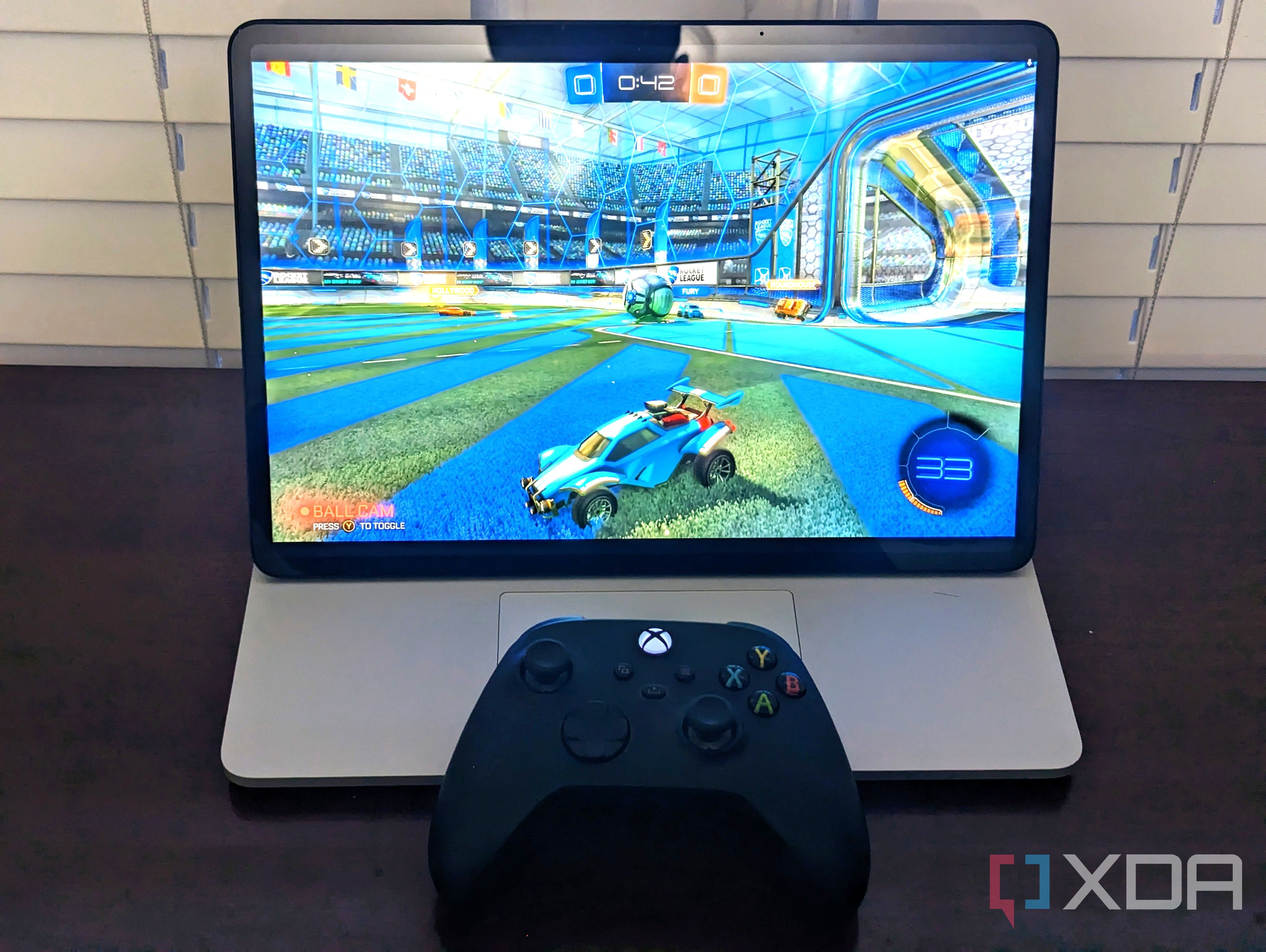An iamge of Rocket League running on a Surface Laptop Studio