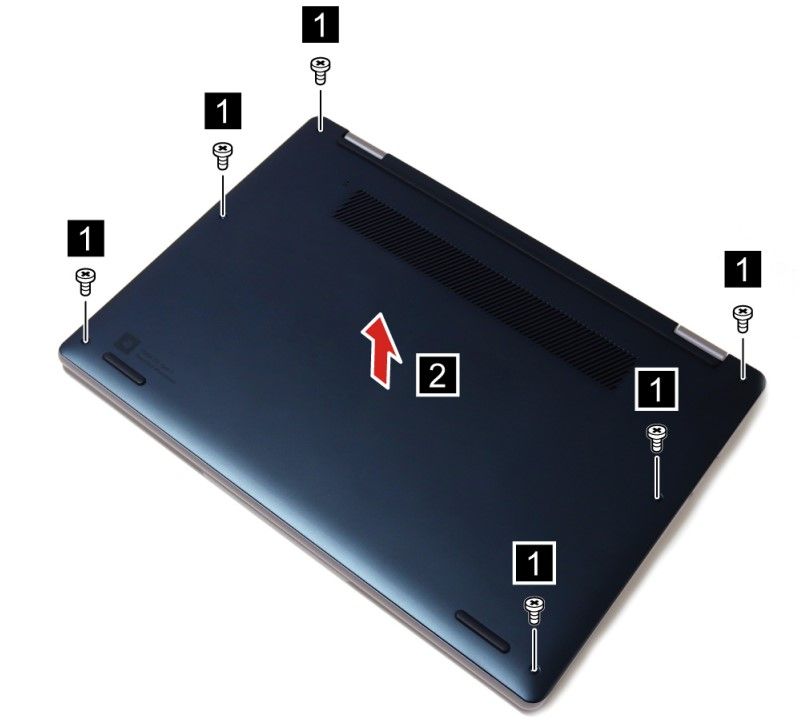 An illustration showing how to remove the six screws holding the bottom cover of the Lenovo Yoga 6 in place and how to remove the cover itself.