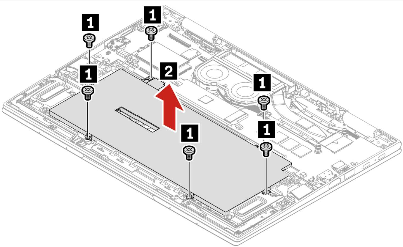 Illustration montrant comment retirer les vis et la batterie intégrée sur le Lenovo ThinkPad X1 Yoga