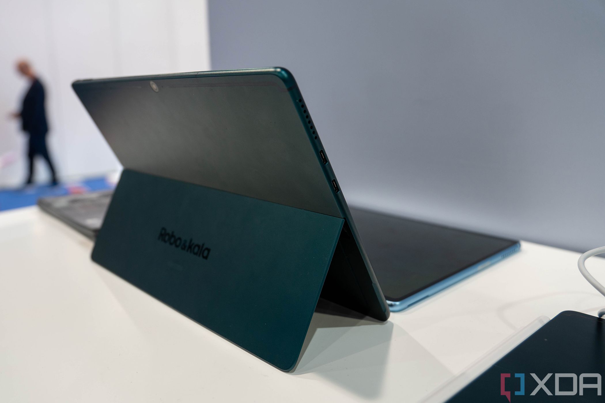 Angled view of tablet with kickstand