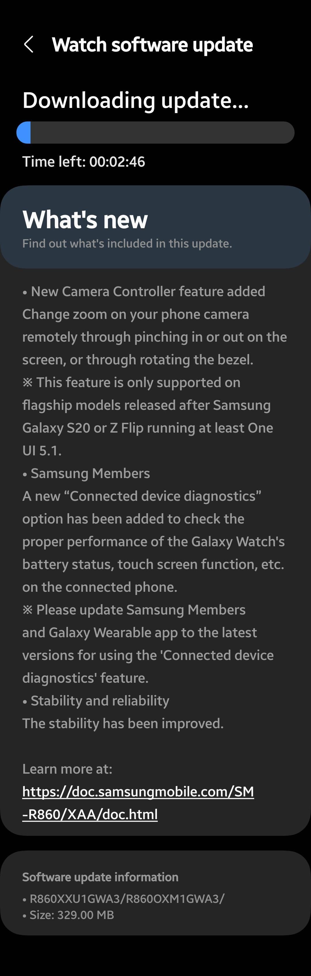 Screenshot of Samsung Galaxy Watch 4 software update.