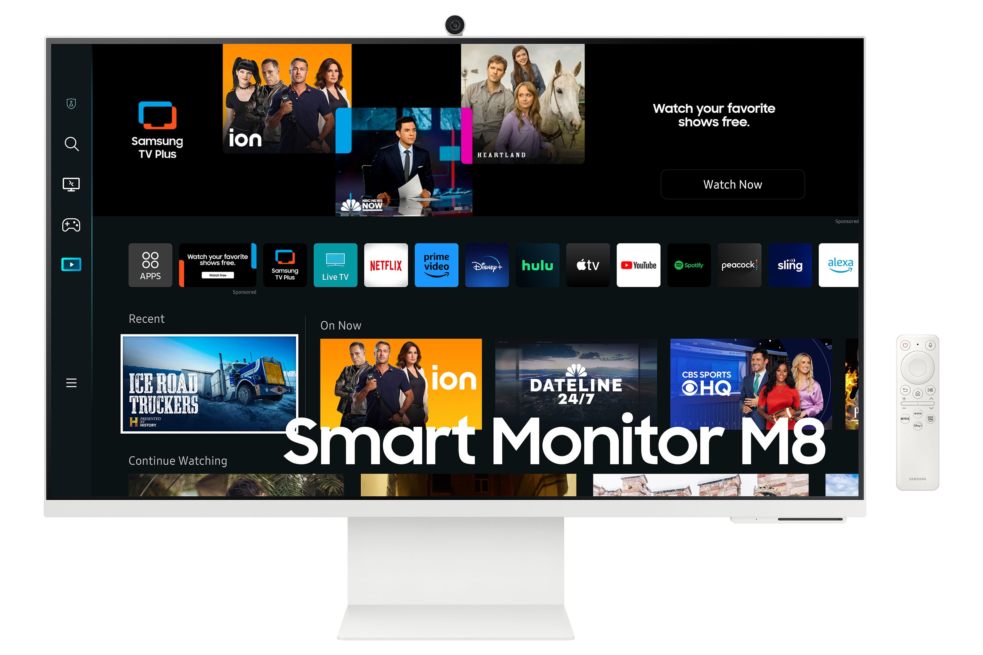 27 inch Samsung M8 smart monitor with remote control on a white background.