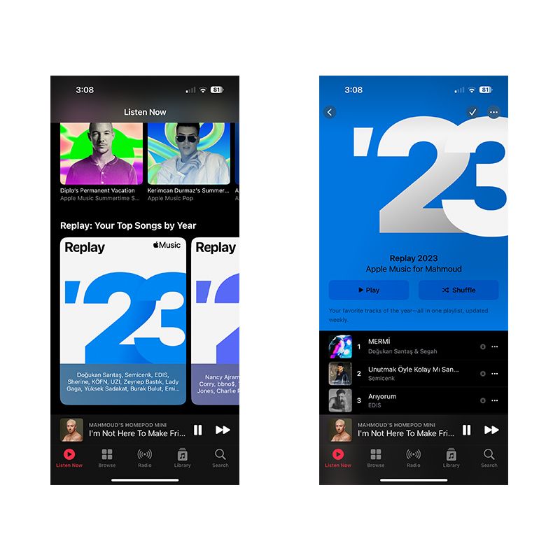 Screenshots showing Apple Music's Replay 2023 playlist on white background.