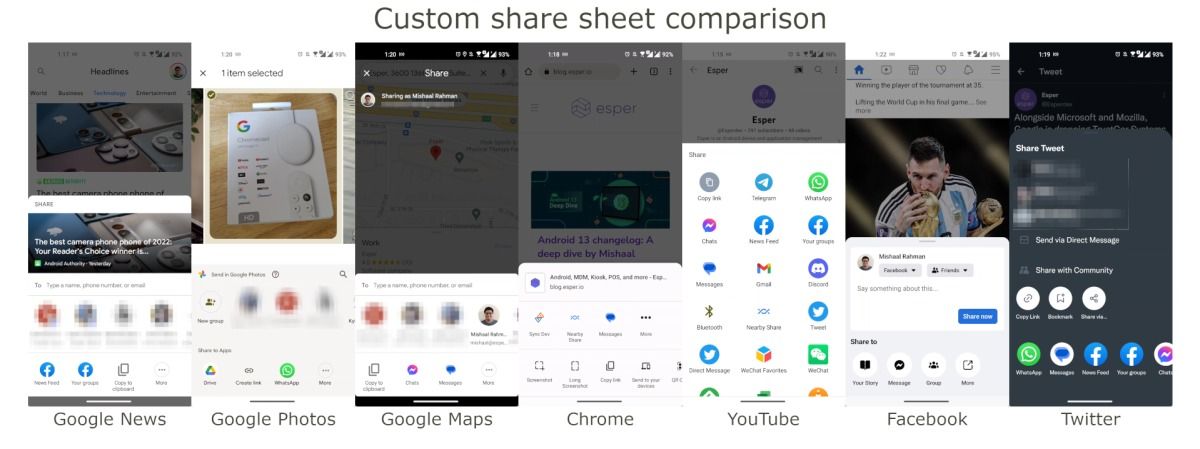 Screenshots showing custom share sheet comparison across apps.