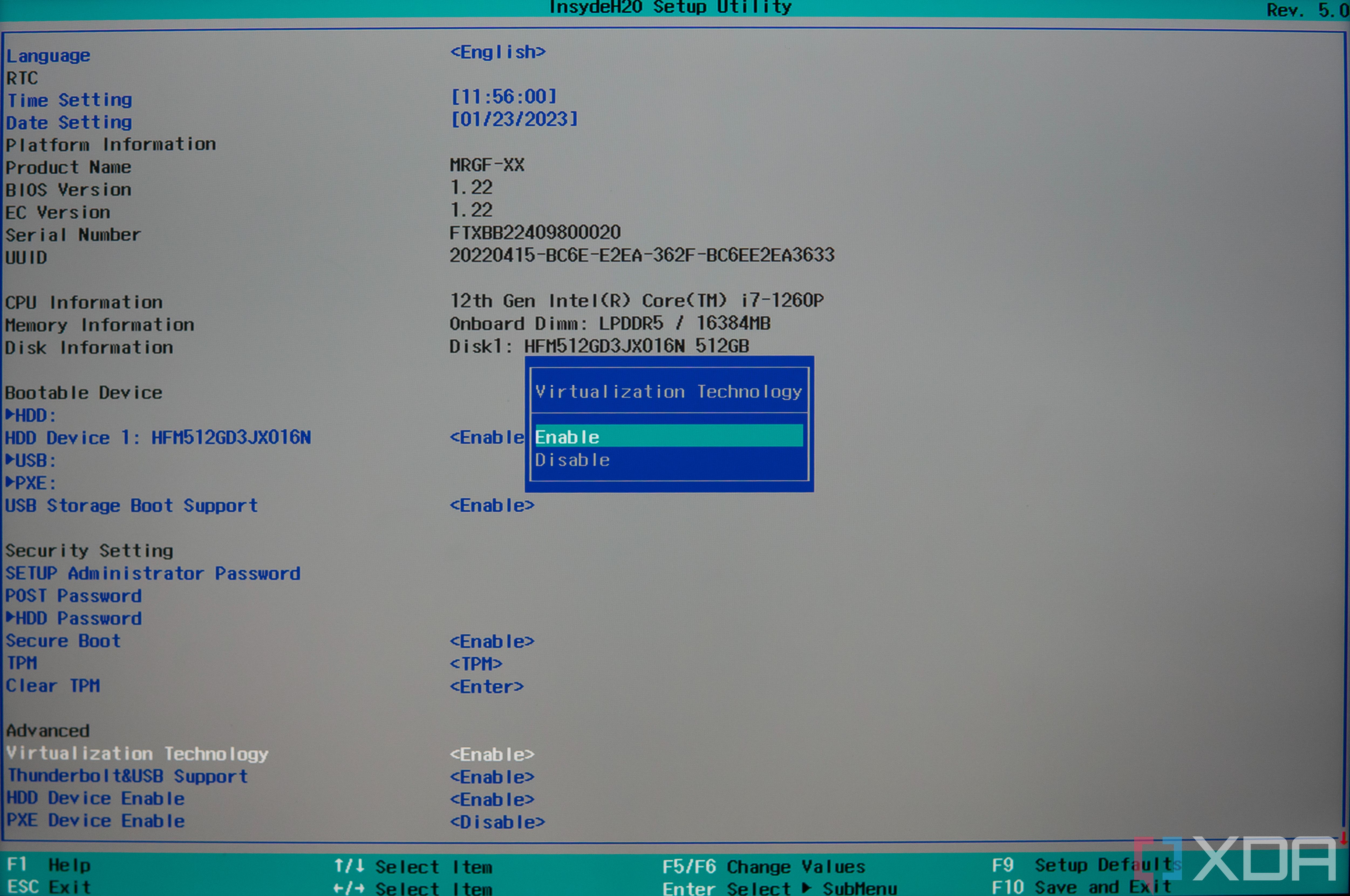 Screenshot of the computer's BIOS settings showing virtualization technology enabled