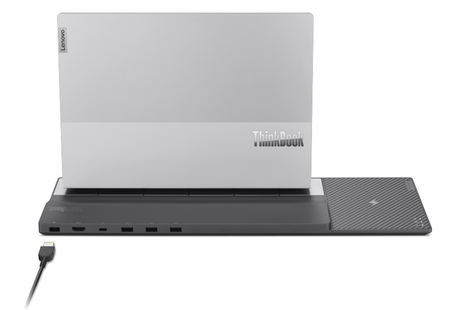 Rear view of the Lenovo ThinkBook Wireless Dock with the ThinkBook 13x Gen 2 laptop sitting on the charging pads.