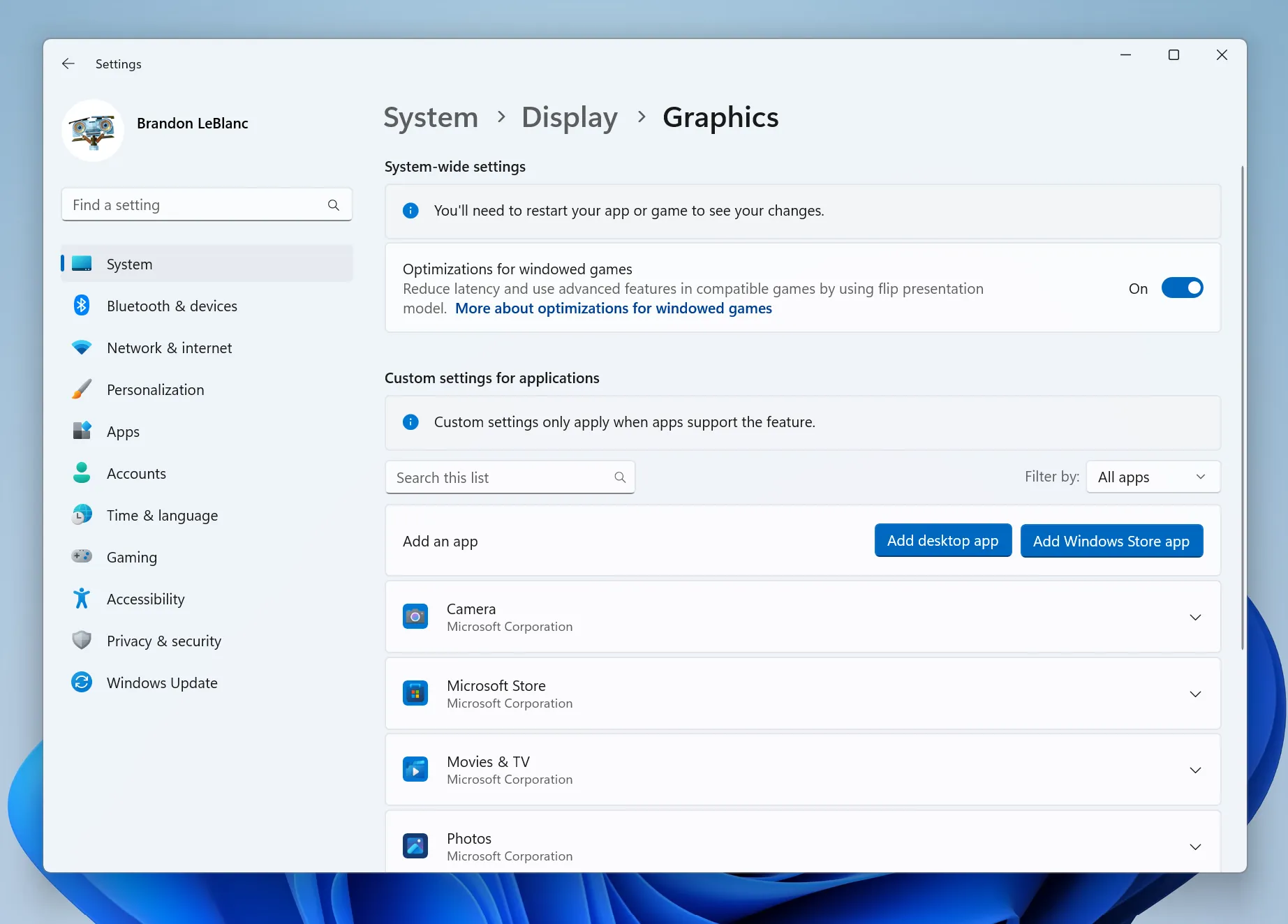 Una captura de pantalla de la página de gráficos rediseñada en la aplicación de configuración de Windows 11