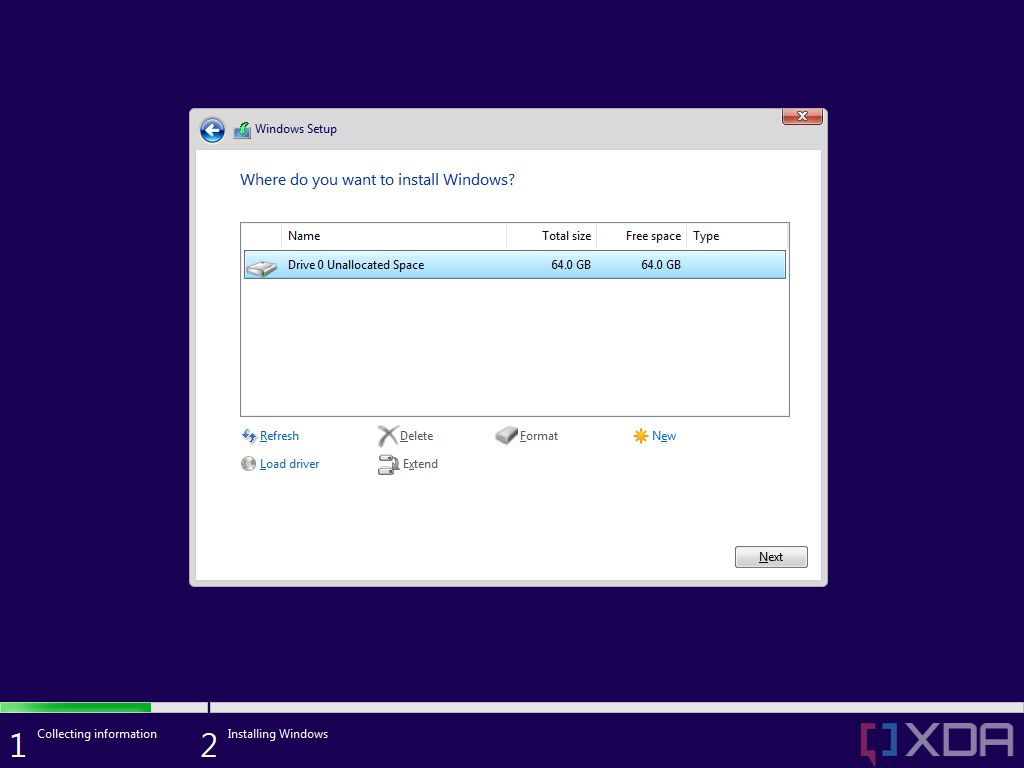 Windows 11 setup screenshot showing a list of drives to install the operating system on