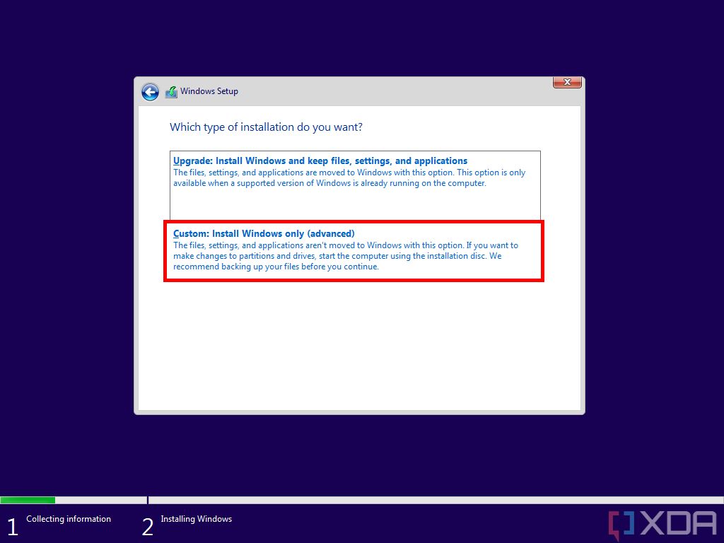 Screenshot of Windows 11 setup with the option to install Windows 11 only highlighted in a red box