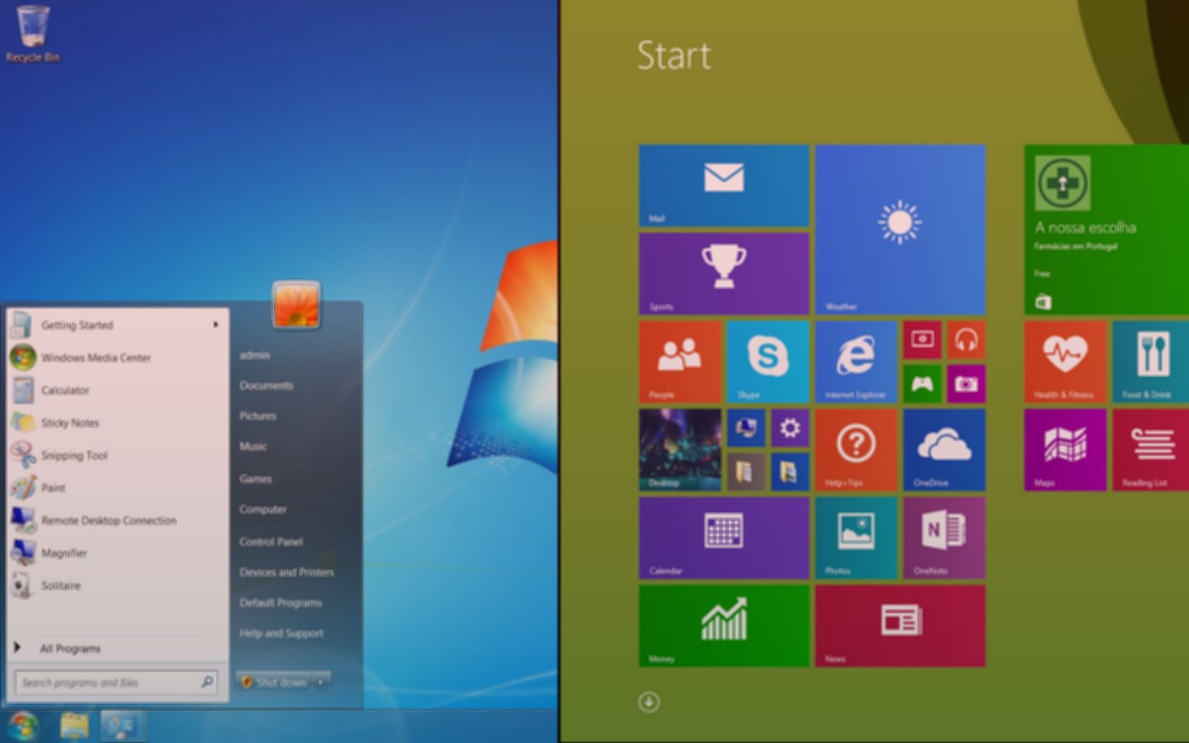 A screenshot of a Windows 7 desktop and Windows 8.1 Start screen side by side