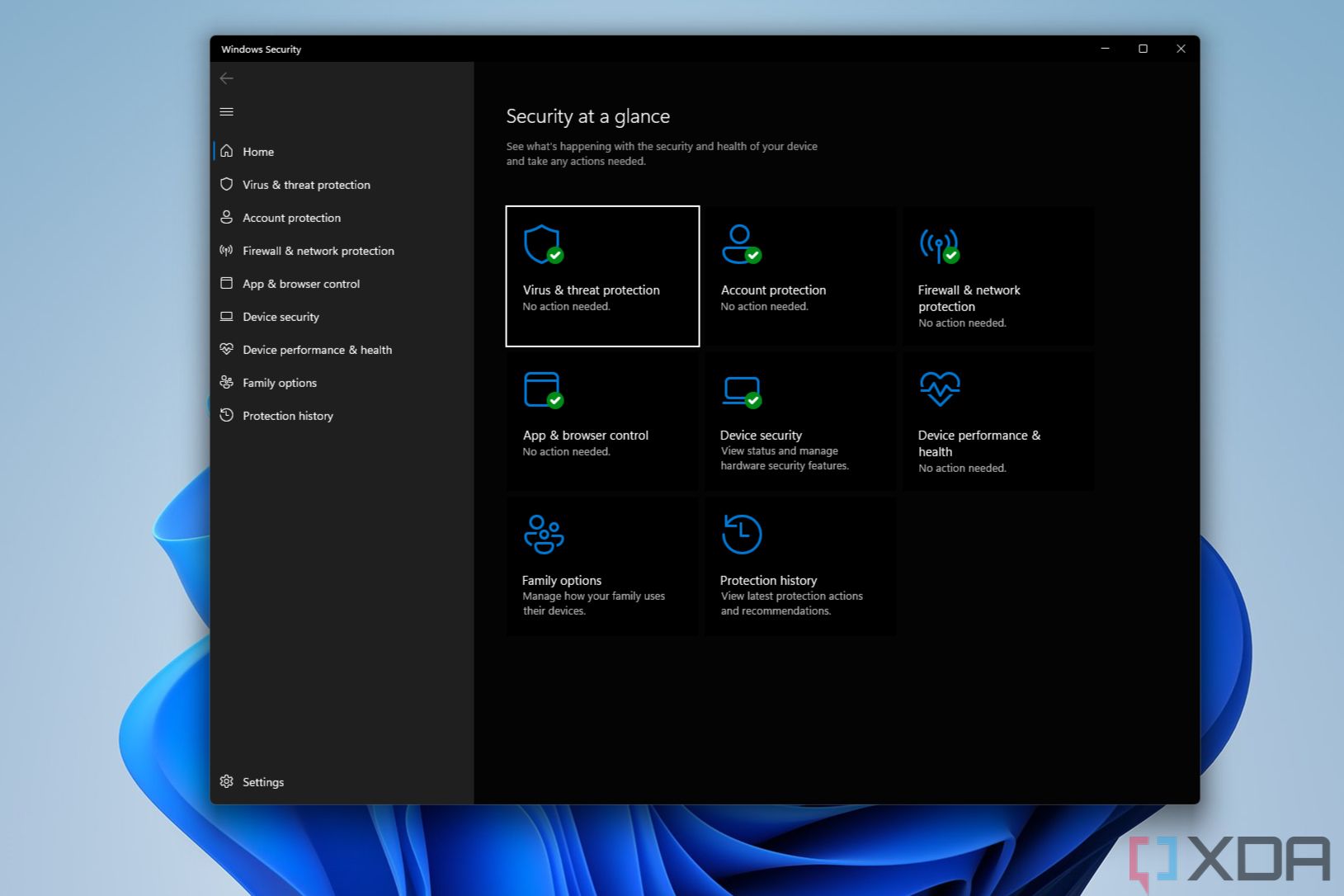 Снимок экрана приложения Windows Security в Windows 11