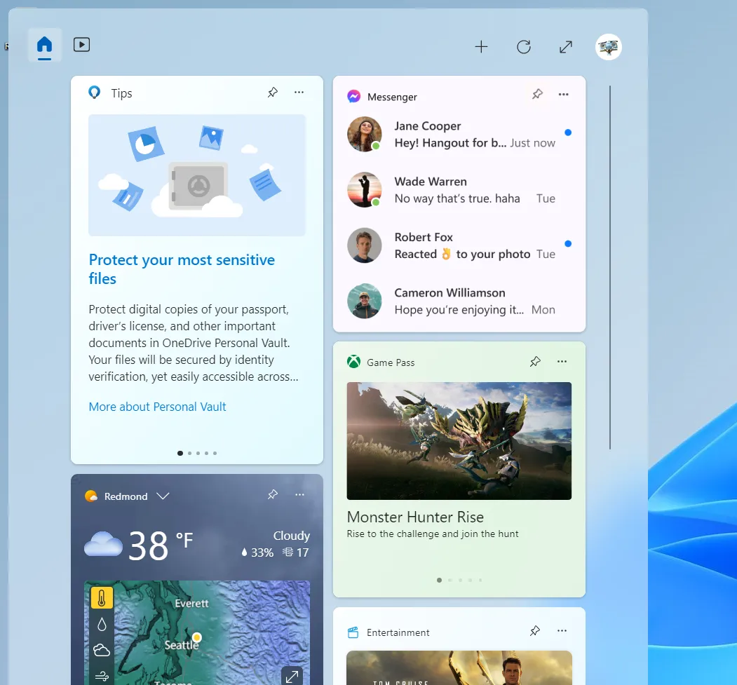 Screenshot of the Widgets board on Windows 11 showing the new Messenger widget with conversation list