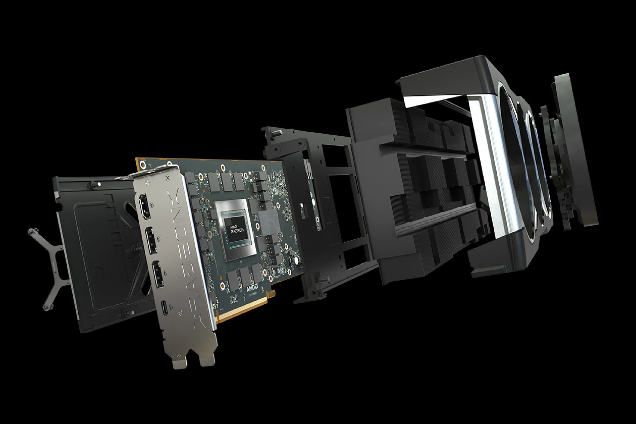 A cross section of the AMD Radeon RX 6800 XT graphics card.