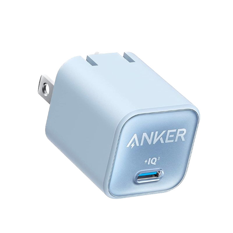 A render of the Anker Nano 3 charger in blue with the Anker branding next to a USB-C port.