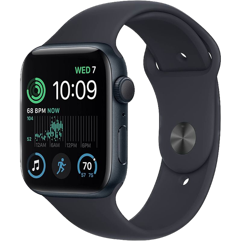 Ein Rendering der Apple Watch SE 2 Smartwatch mit einem schwarzen Band.