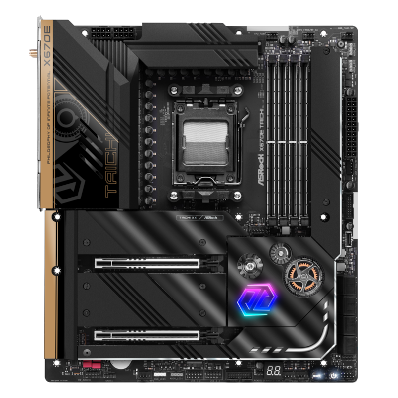 Render of ASrock X670E Taichi motherboard, front view