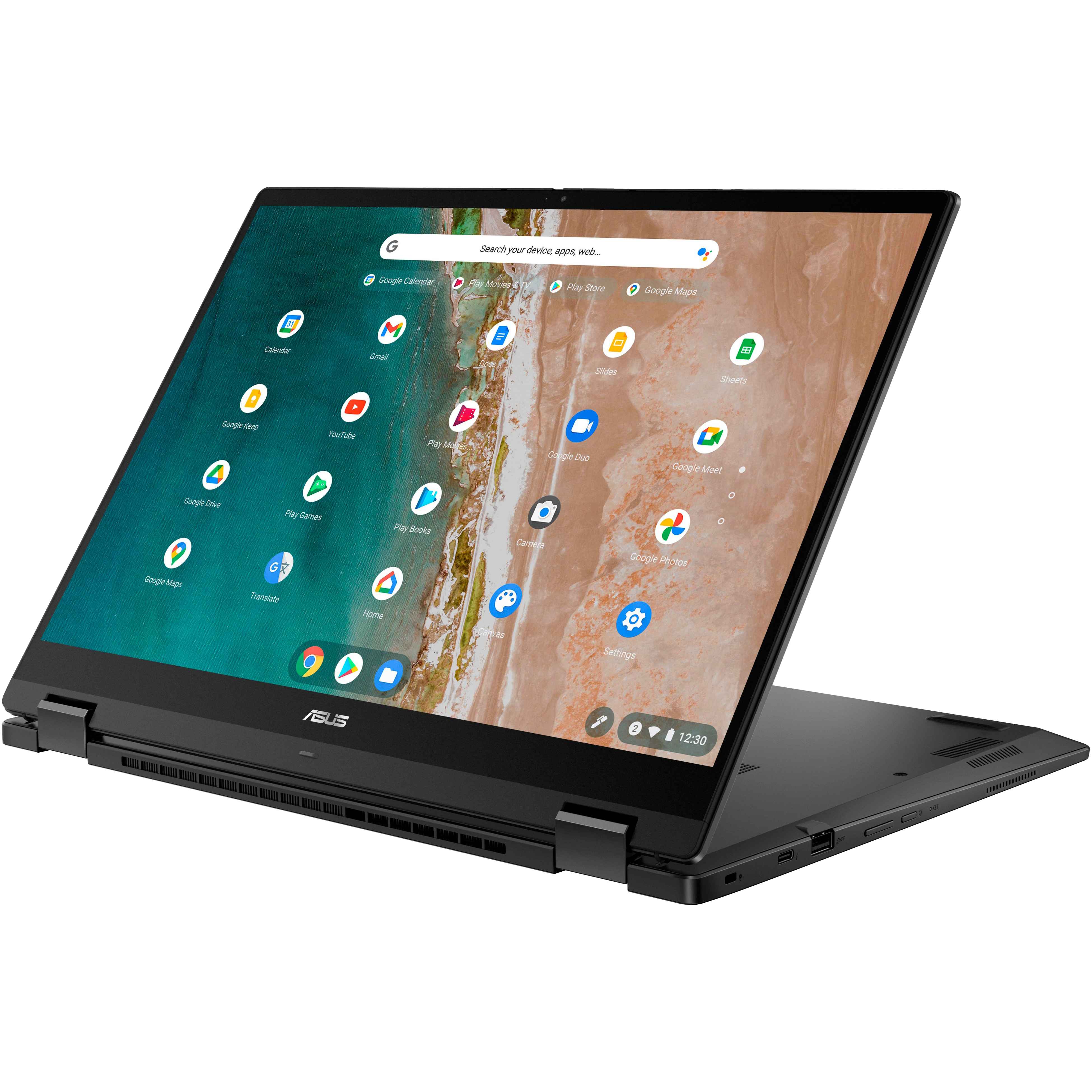 Angled front view of the Asus Chromebook Flip CX5601 in stand mode facing left