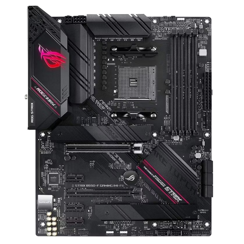 render of the ASUS ROG Strix B550-F Gaming motherboard seen from the front
