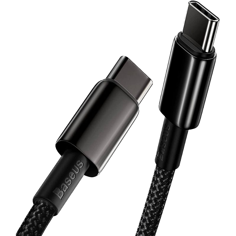A render of the Baseus USB-C to USB-C braided cable in black color.