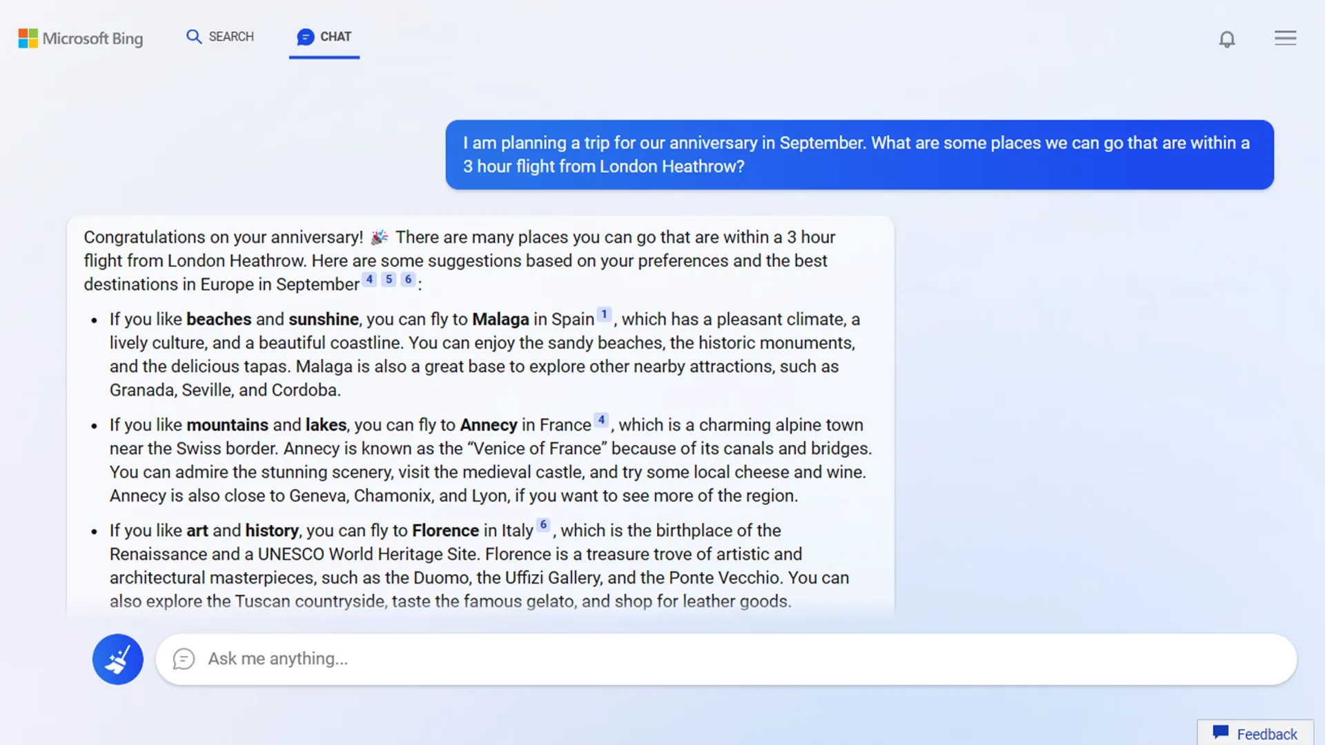 Screenshot of the chat interface in Bing