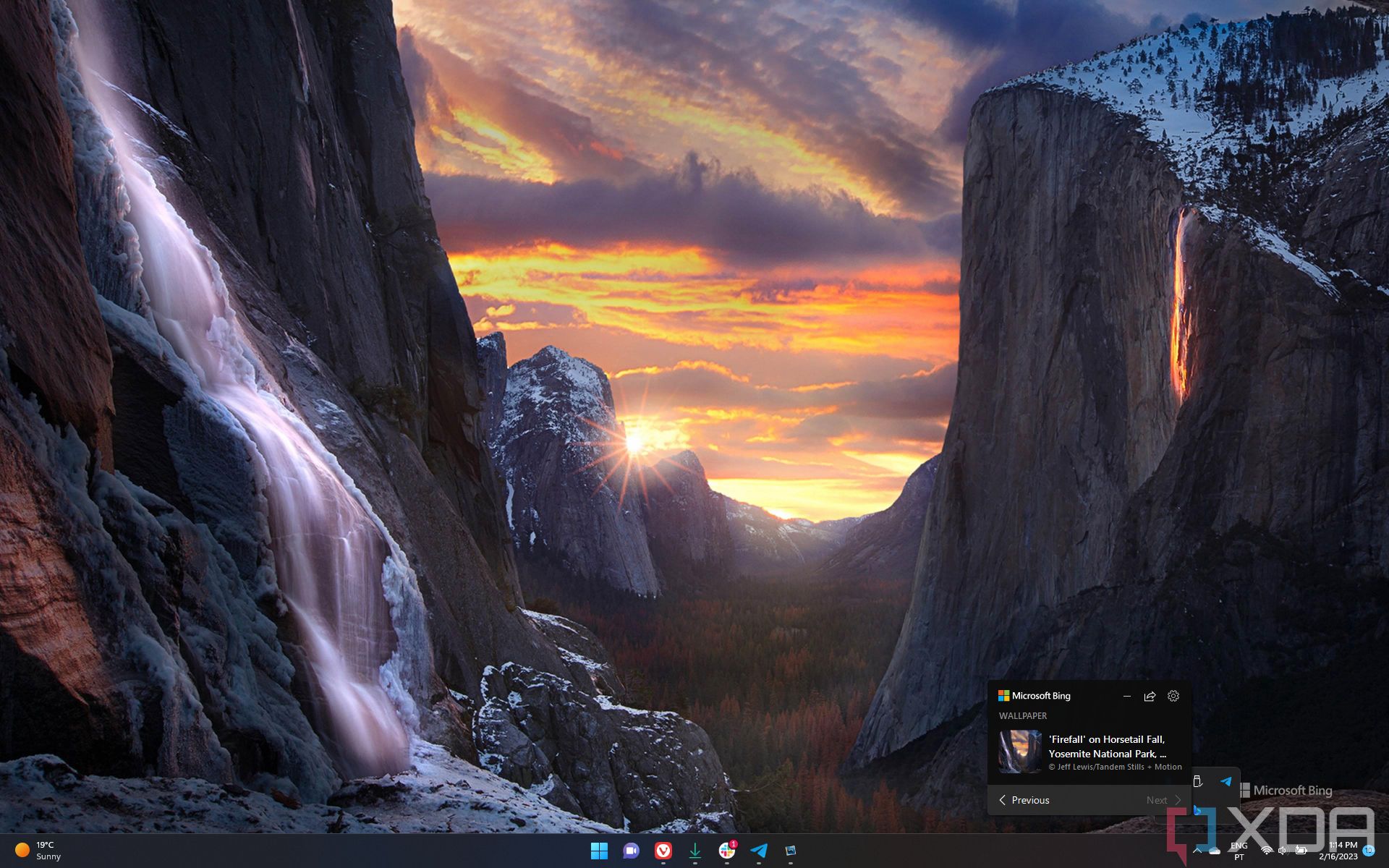Screenshot of a Windows 11 desktop using a Bing wallpaper and displaying information about the current photo