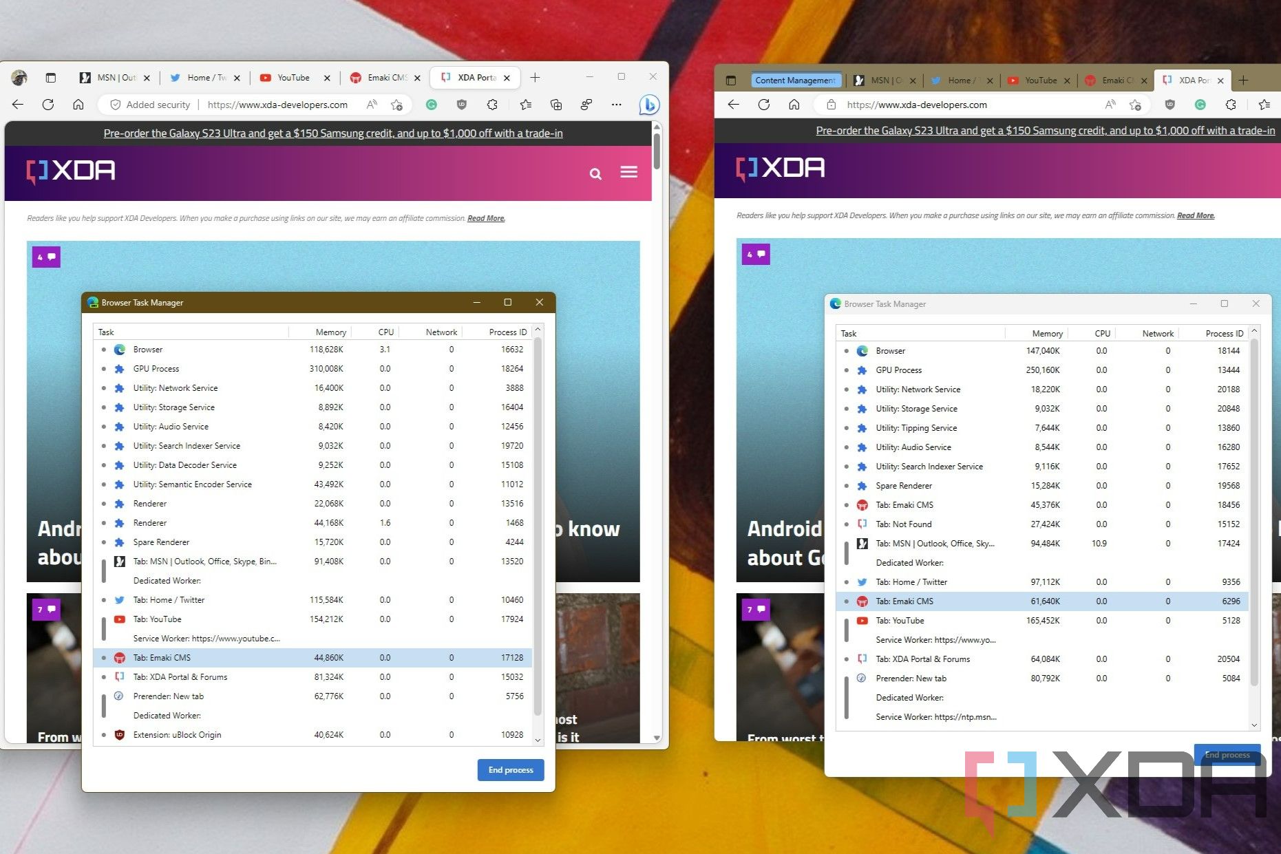 Performance tests with new edge and old edge side by side