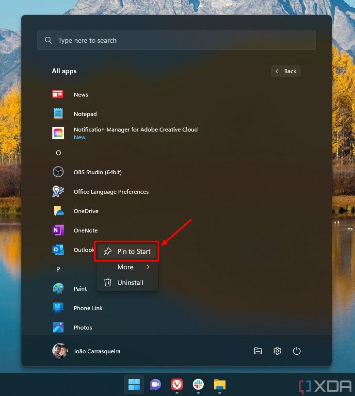 Screenshot of the All apps list in the Windows 11 Start menu, showing the option to pin an app to Start