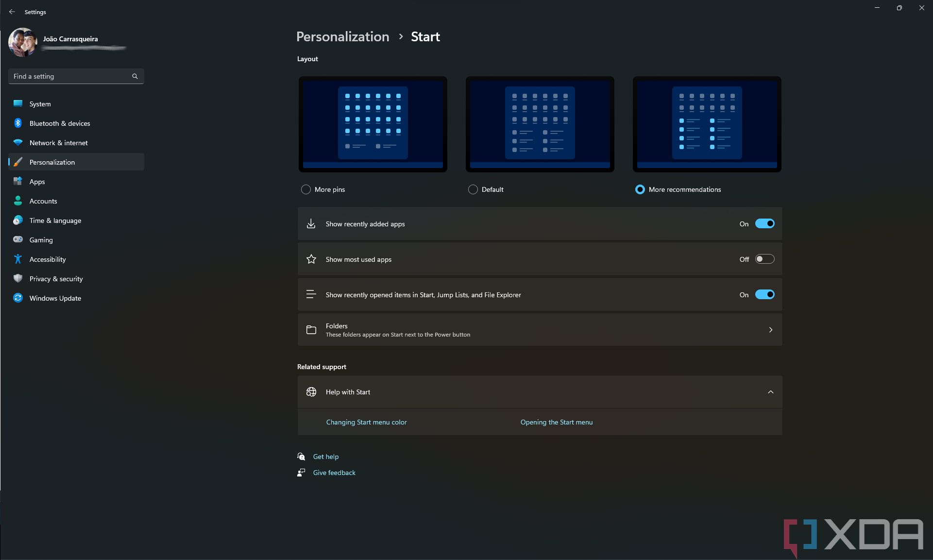 Screenshot of the Start menu personalization settings in the Windows 11 Settings app