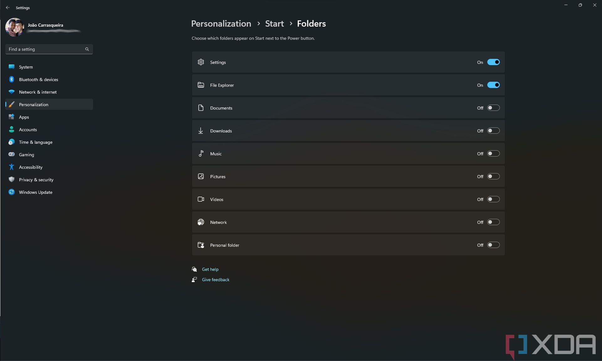 Screenshot of the Start menu folders customization options in Windows 11