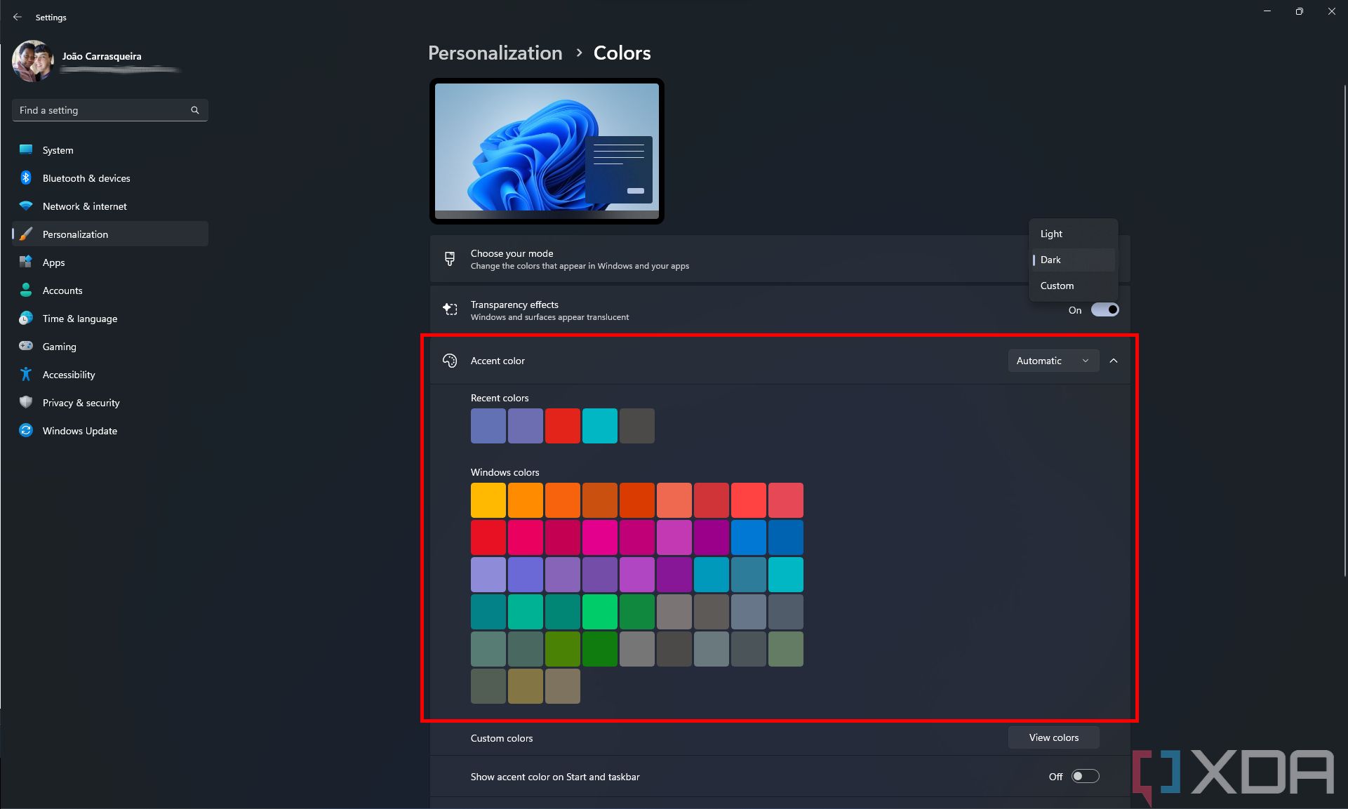 Screenshot of the Colors page in the Windows 11 Settings page with the accent color section highlighted